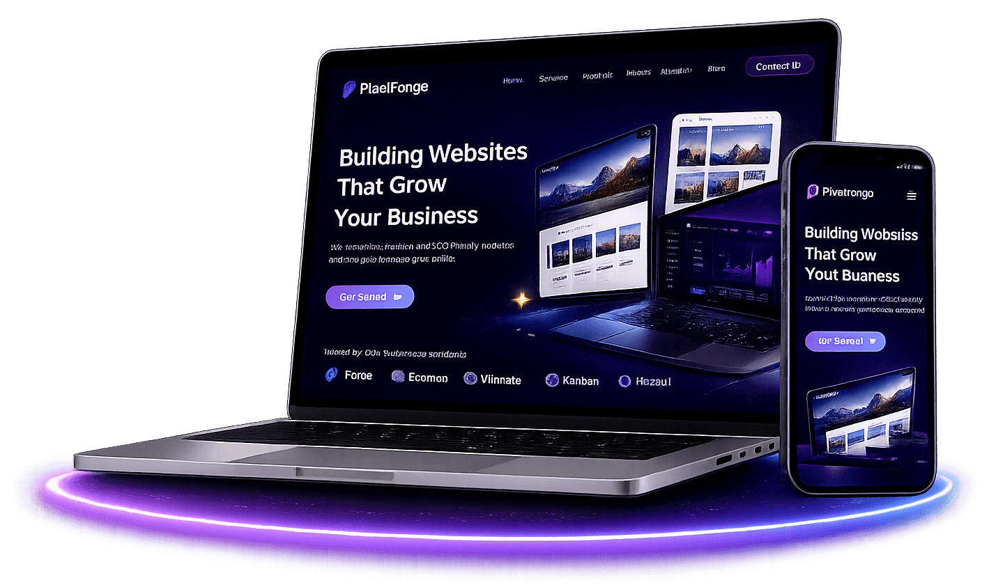 PixelForge website preview on laptop and mobile